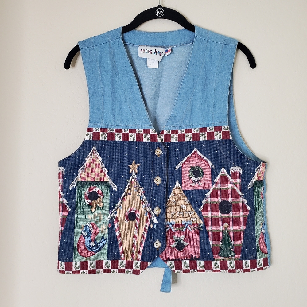 On The Verge winter tapestry jean vest Christmas Bird House Size S Holiday